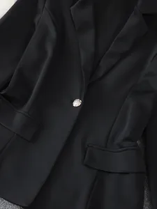Detailaufnahme eines schwarzen Strickblazers mit Revers und dekorativem Silberknopf