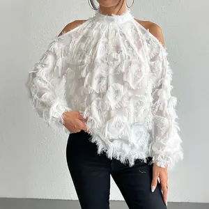 Elegante Weiße Polyester Neckholder Bluse Mit Offener Schulter Für Damen 3D-Fransen Quaste Design Langarm Mode Oberteil