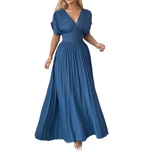 Elegante vestido largo plisado azul de manga corta para el día a día y el trabajo mujer