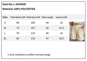 Size chart for women's high-waisted casual wide-leg shorts with material info
