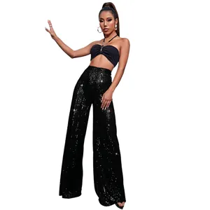 Elegant black sequin wide-leg pants with high waist for women's glam party wear