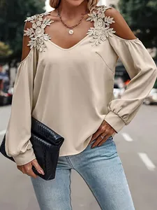 Elegant beige cold-shoulder blouse with intricate floral lace applique for women