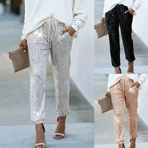 Pantaloni a Gamba Dritta con Paillettes a Vita Alta da Donna Jogger Casual con Coulisse Luccicanti per Festa Club Sera