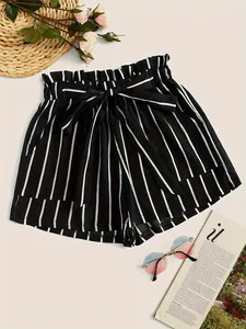 Black and white vertical striped casual shorts with bow-tie waist for summer vacation