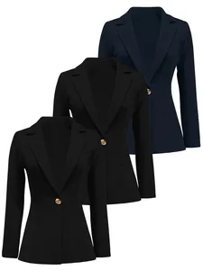Eleganter Damen Strickblazer mit Reverskragen und goldenem Knopf in Schwarz und Blau