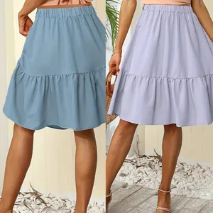 Women's Casual High Waist Pleated Mini Skirt Ruffle Tiered Summer Polyester Solid Color Short Skirt For Daily Vacation