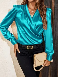 Detailed view of the elegant turquoise lantern sleeve V-neck satin blouse for women