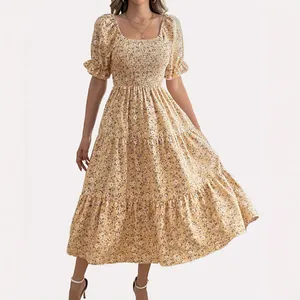Vestito Midi a Fiori Scollo Quadrato Donna Vita a Punto Smock Maniche a Sbuffo Gonna a Balze Elegante Vacanza Kaki Poliestere