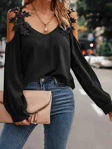 Elegant black cold shoulder top with floral lace appliques for women's summer fashion