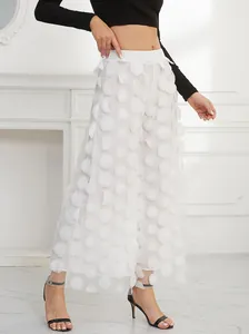 Elegant women's white mesh wide-leg pants with 3D polka dot details for summer commute