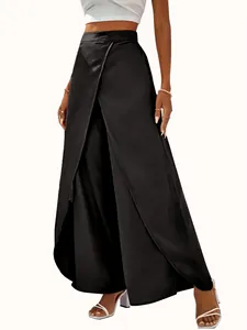 High-waisted black wide-leg pants with stylish front wrap-style detail