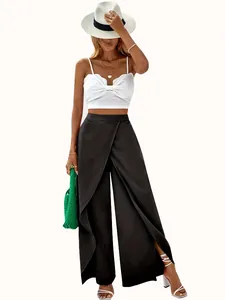 Elegant high-waisted black wide-leg trousers with a unique overlapping wrap front design.