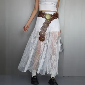 Cool girl style white lace sheer maxi skirt with decorative circle belt for women