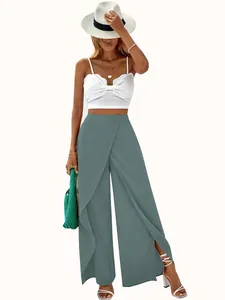 Full-body view of chic grey-green high-waisted wide-leg pants for women