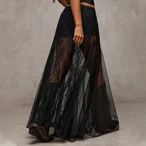 Edgy low-waist black sheer lace and polka dot mesh maxi skirt for women's chic styling