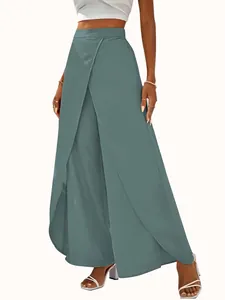 Women's high-waisted wide-leg trousers with elegant front wrap overlay detail in teal