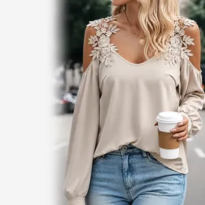 Elegant beige cold shoulder blouse with delicate floral lace applique on shoulders