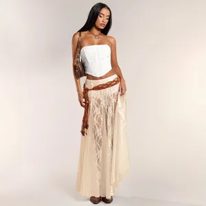 Elegant lace sheer maxi skirt in off-white with low waist design and belt