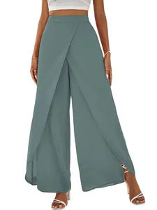 Front view of high-waisted wide-leg wrap pants in muted teal chiffon fabric