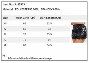 Size guide and material info for the women's sparkly sequin party mini skirt in black