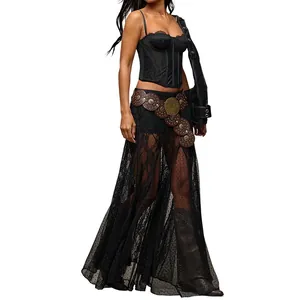 Stylish gothic black lace sheer maxi skirt with a see-through polka dot pattern design