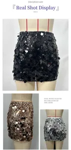 Detailed view of women's sparkly sequin mini skirts in black, gold, and silver colors
