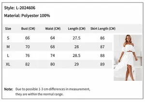 Detailed measurement chart for women's white high-waist maxi skirt and crop top set
