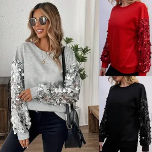 Felpa Donna Natalizia con Paillettes Manica Lunga Stile Francese Top Casual Girocollo Pullover da Festa Luccicante per Donna