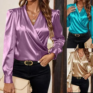 Women Elegant V-Neck Satin Blouse Smocked Lantern Long Sleeve Imitation Silk Shirt Solid Color Socialite Style Pullover Top
