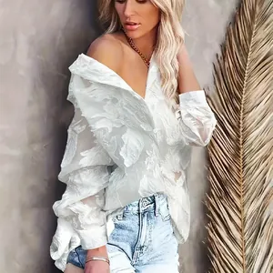Chemise Femme Élégante en Maille Blanche à Manches Longues Polyester Jacquard Blouse Transparente avec Boutons pour Plage