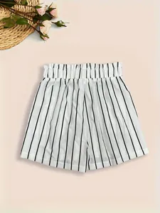 Women's casual high-waisted striped shorts with elastic smocked waistband detail
