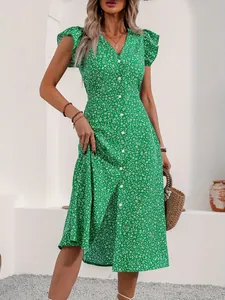 Elegant green floral V-neck midi dress with short flutter sleeves and functional buttons