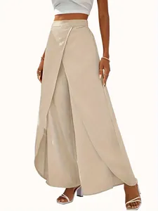 Elegant high-waisted beige wide-leg pants with a wrap front design for women's style.