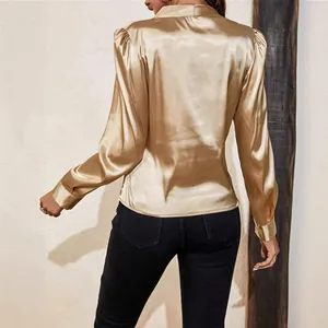 Elegant champagne gold satin blouse with long lantern sleeves, sophisticated back view