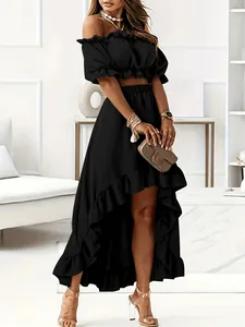 Elegant black off-the-shoulder two-piece set with ruffled high-low skirt for women
