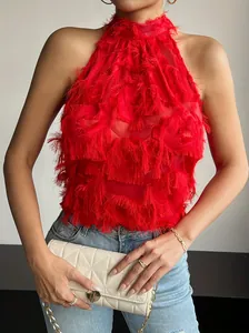 Red sleeveless halter top with mesh and feather-like fringe detailing