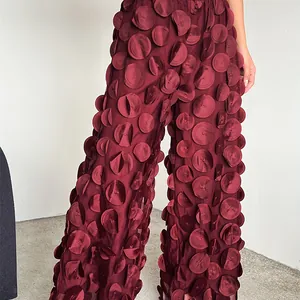 Elegant burgundy women's wide-leg mesh trousers with 3D circular applique dots