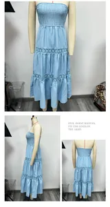 Vues sous plusieurs angles d'une robe longue bleu clair sans bretelles avec dentelle