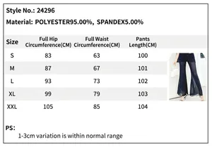 Size chart for high waisted sheer mesh flared pants with silver sparkle detail for women
