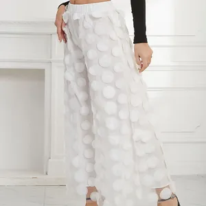 Elegant white mesh wide-leg pants with unique 3D polka dot floral appliques for women