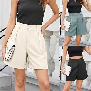Women High Waist Wide Leg Shorts With Pockets Summer Casual Solid Color Knee Length Loose Bermuda Shorts For Commuting
