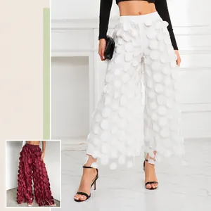 Women's elegant high-waist wide leg pants with 3D polka dot mesh floral texture