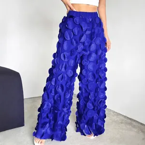 Elegant royal blue wide-leg trousers with 3D floral appliques and mesh fabric for women