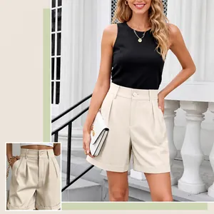 High-waisted beige wide-leg suit shorts with pockets for women