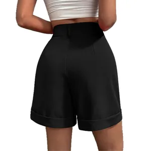 Stylish women's black high waisted wide leg shorts summer casual wear back view detail
