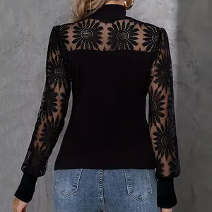 Sexy black long-sleeve top featuring floral lace embroidery on sleeves and upper back