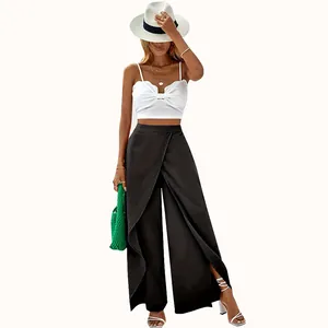 Women's trendy high-waisted black wide-leg pants with a loose, slimming and elegant fit