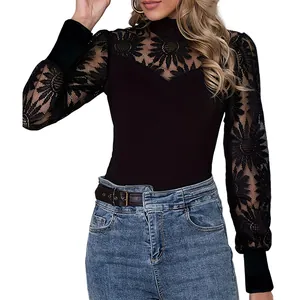 Sexy black long-sleeve top for women featuring floral lace embroidery and hollow-out neckline