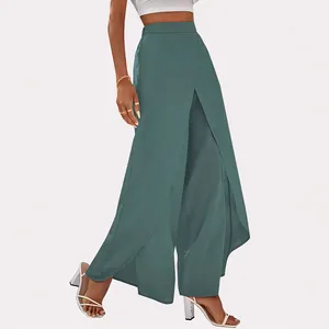 Elegant high-waisted teal wide-leg trousers featuring a unique overlapping wrap front design
