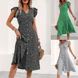 Women Floral V Neck Midi Dress Slim Waist Big Swing Button Front Flutter Sleeve Boho Beach Vacation Summer Dress
